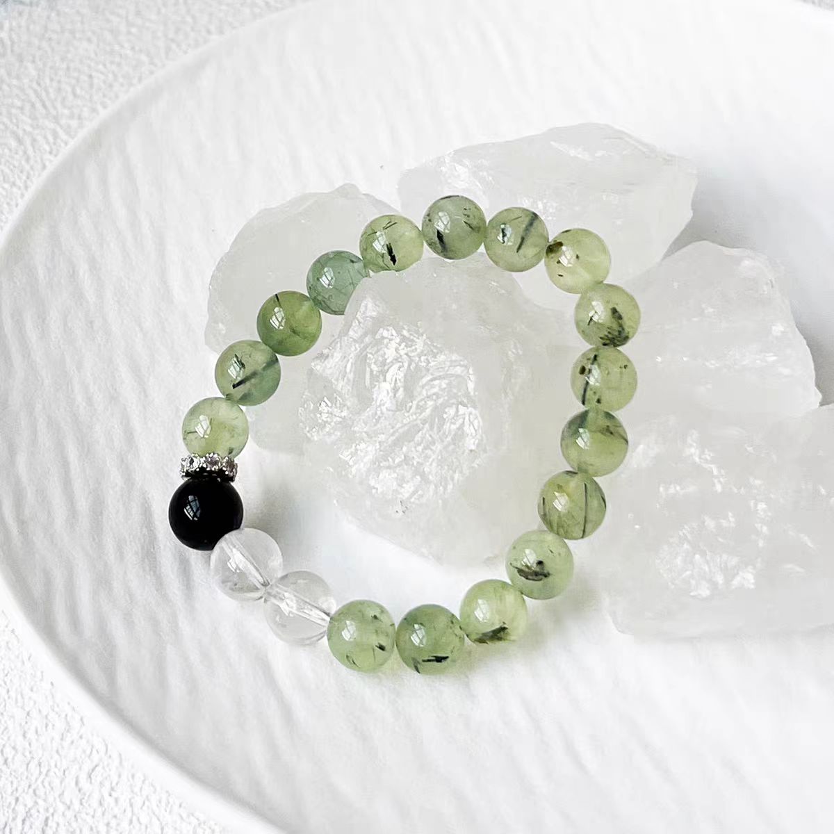 Green Phantom Quartz, Clear Quartz Obsidian Bracelet