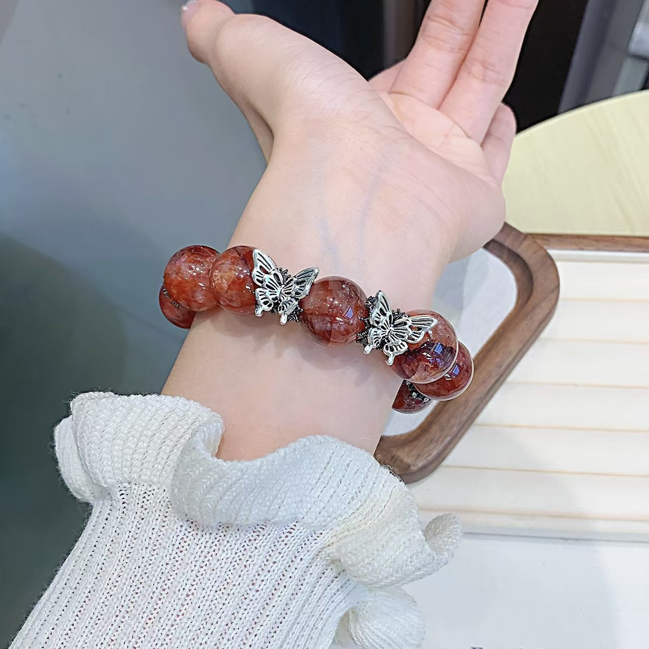 Natural Red Flower Crystal Butterfly Bracelet – Fire Element Energy Jewelry