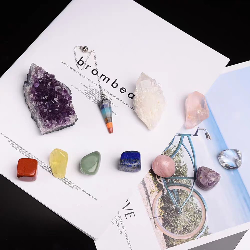 Natural Crystal Box Amethyst, Clear Quartz & Chakra Gemstones Gift Set