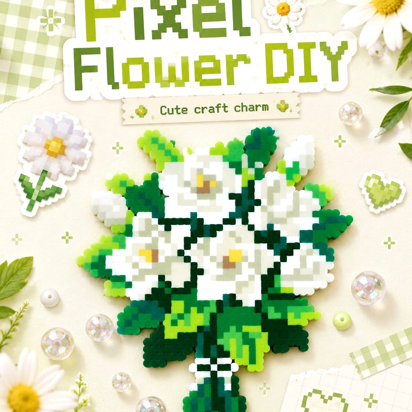 Pixel Flower DIY Craft Charm - Green Daisy Bead Bouquet