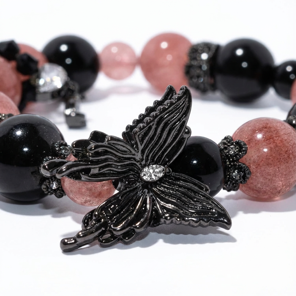 Strawberry Quartz & Silver Obsidian Crystal Black Butterfly Bracelet