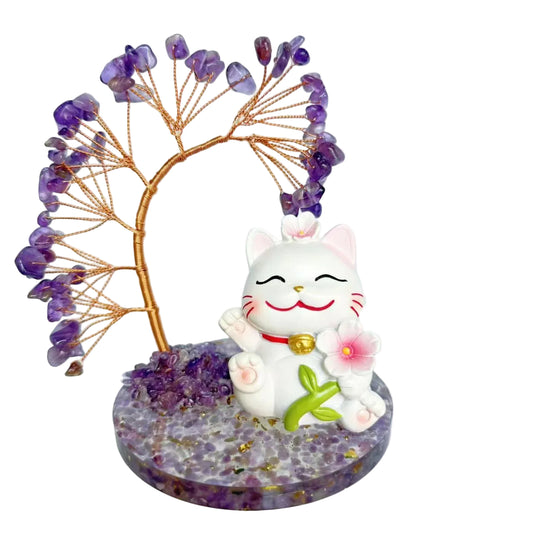 Rose Quartz Money Tree with Lucky Cat – Prosperity & Love Charm