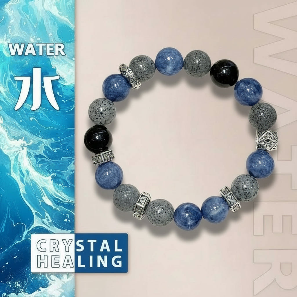 Beaded bracelet with blue, gray, and black beads on a beige background with water theme.