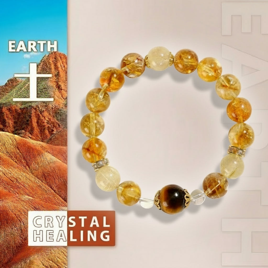 Beaded bracelet with earthy tones on a beige background, featuring the word 'Earth' and 'Crystal Healing Stal' text.