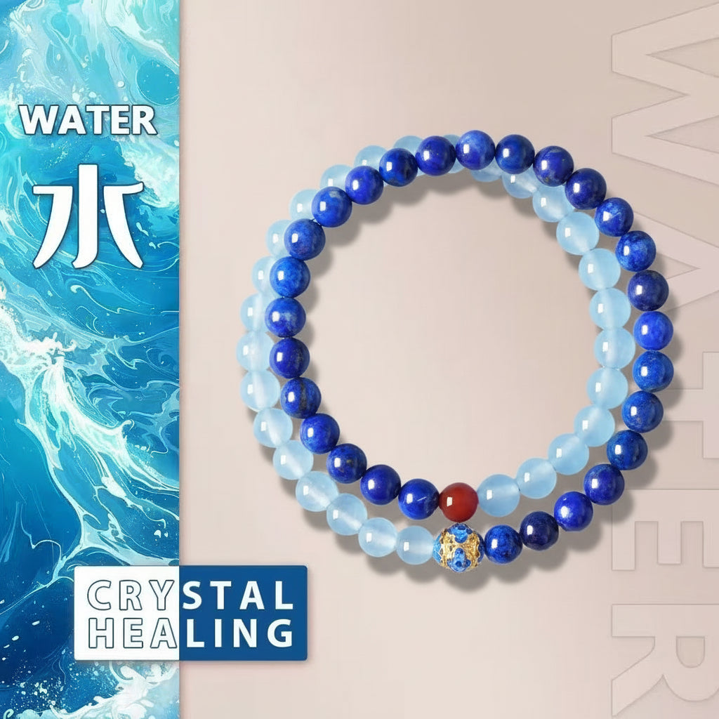 Blue beaded bracelet with a red and gold element on a beige background, next to water-themed graphics and text.