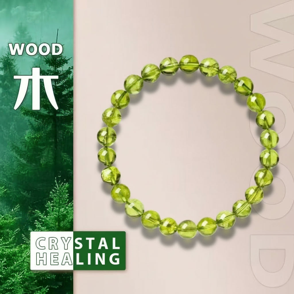 Green beaded bracelet on a beige background with 'Wood' and 'Crystal Healing' text.