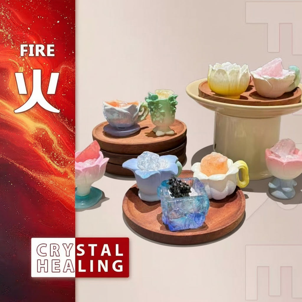 Colorful ceramic cups on wooden stands with 'Fire', 'Crystal', and 'Healing' text on a red and beige background.