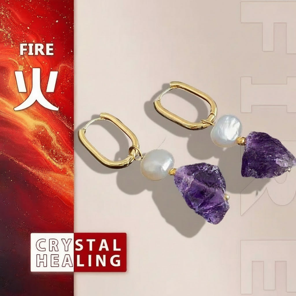 Gold hoop earrings with purple crystal and pearl on a beige background