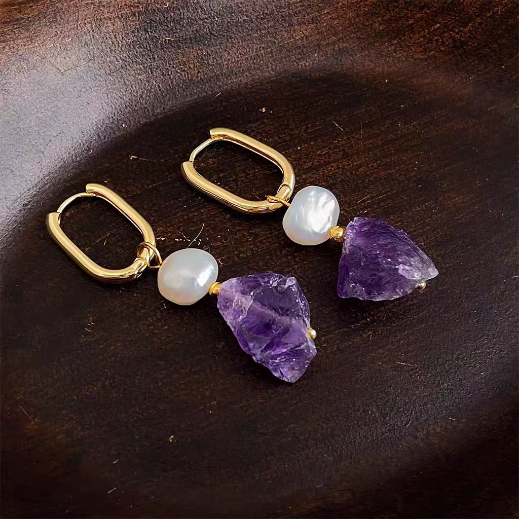 Raw Amethyst & Pearl Statement Earrings