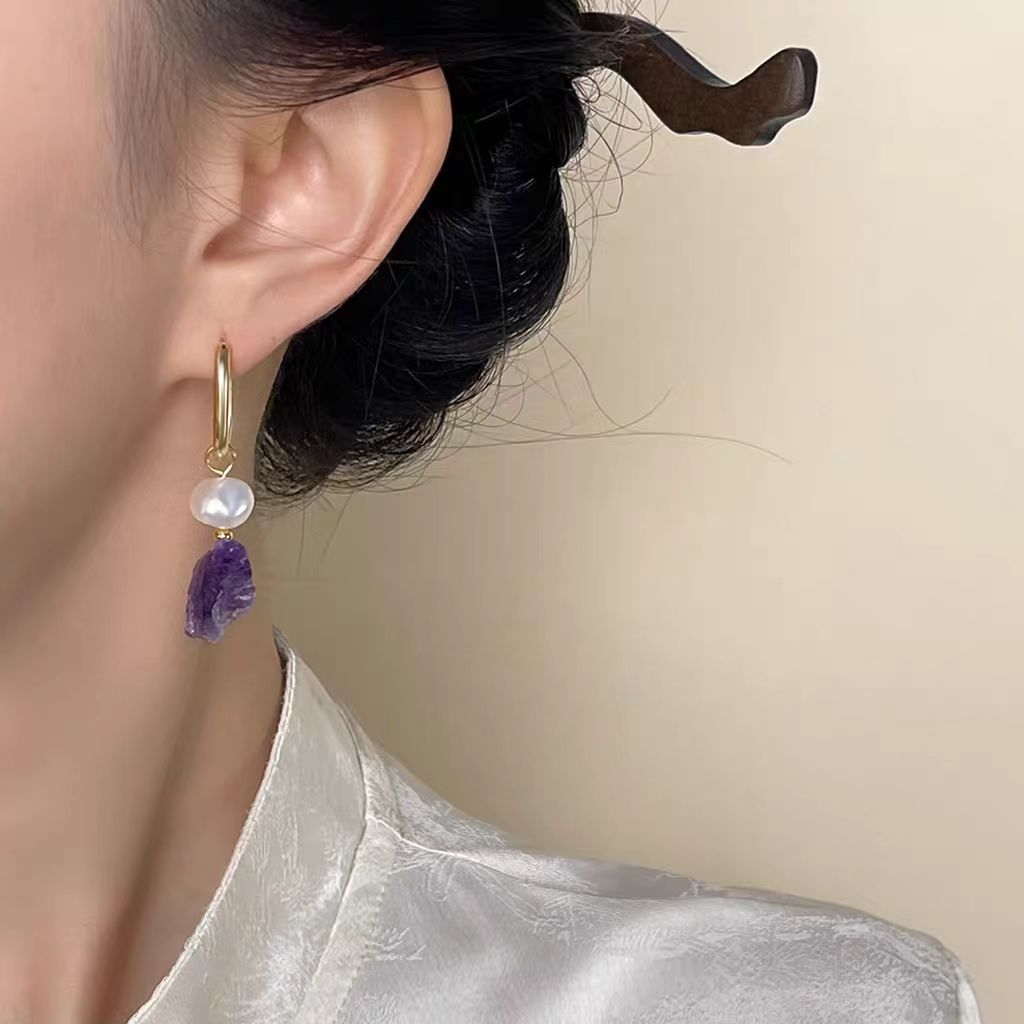 Raw Amethyst & Pearl Statement Earrings