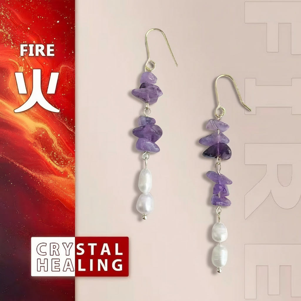 Purple and white beaded earrings on a beige background with fiery and crystal elements.
