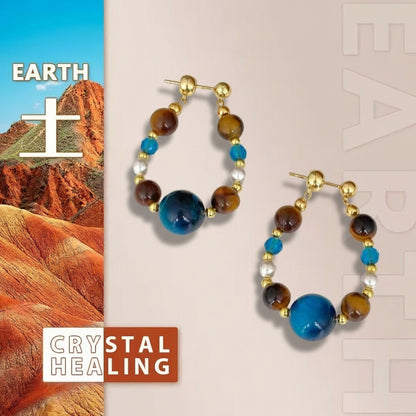 Tiger Eye & Blue Goldstone Hoop Earrings