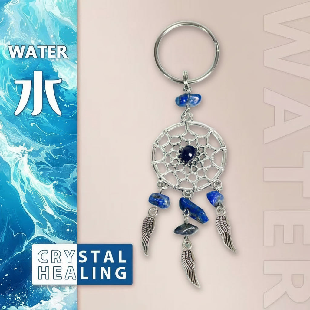 Keychain with blue beads and silver charms on a beige background with water theme