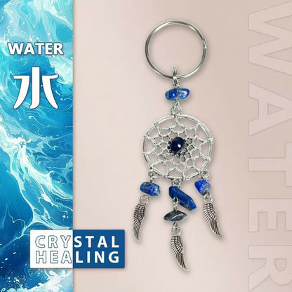 Keychain with blue beads and silver charms on a beige background with water theme