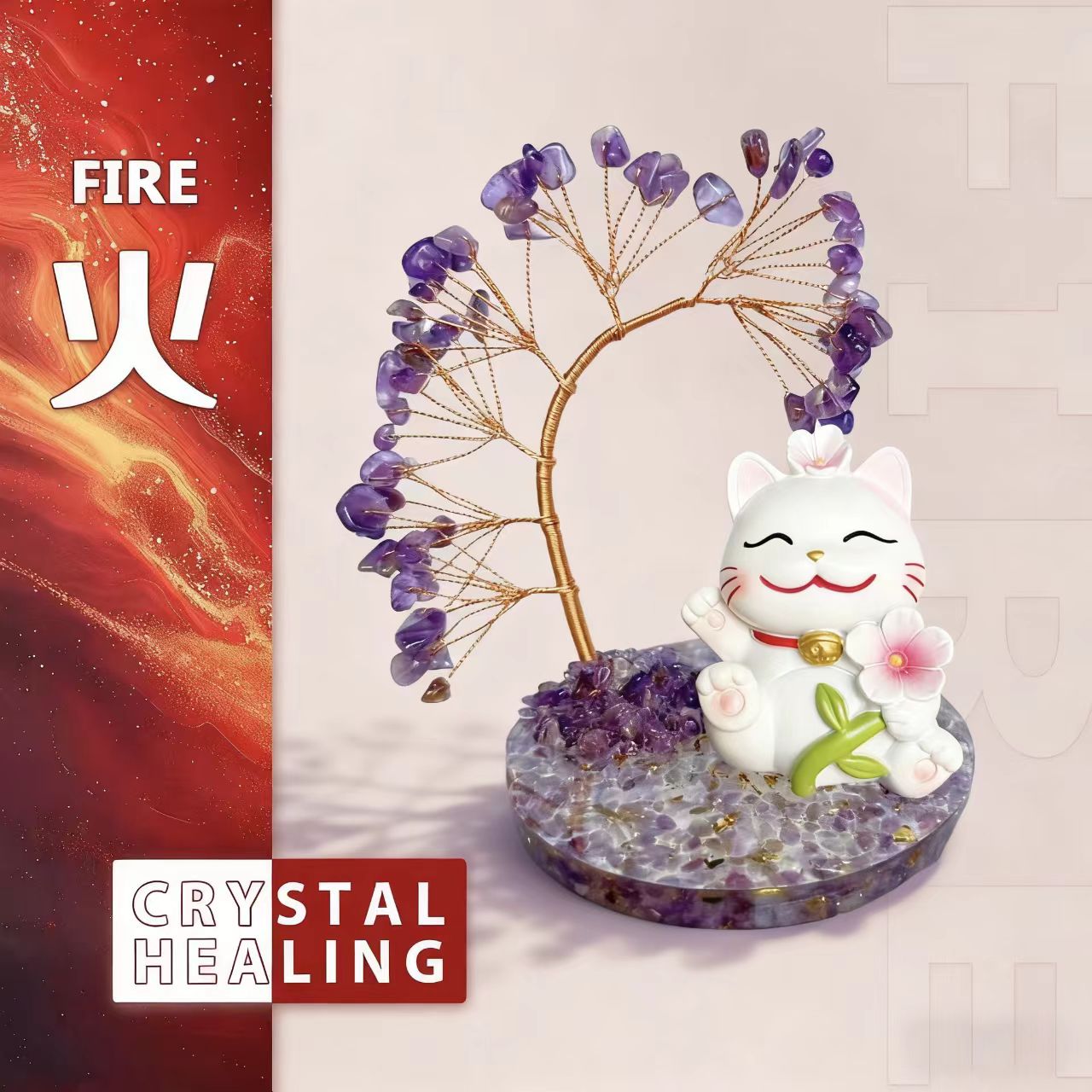 Rose Quartz Money Tree with Lucky Cat – Prosperity & Love Charm