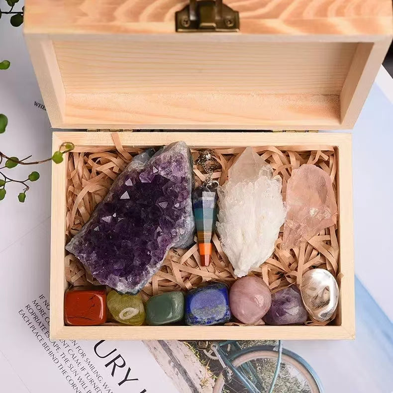 Natural Crystal  Box Amethyst, Clear Quartz & Chakra Gemstones Gift Set