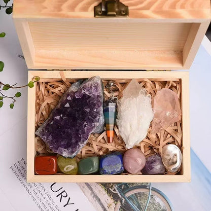 Natural Crystal  Box Amethyst, Clear Quartz & Chakra Gemstones Gift Set