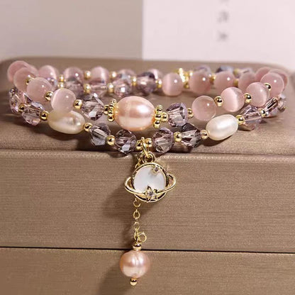 Rose Quartz Crystal Double-Layer Bracelet pearl chram 