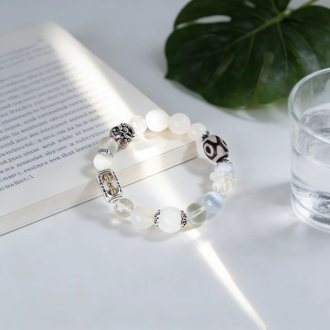 Moonstone & White Quartz Crystal Bracelet