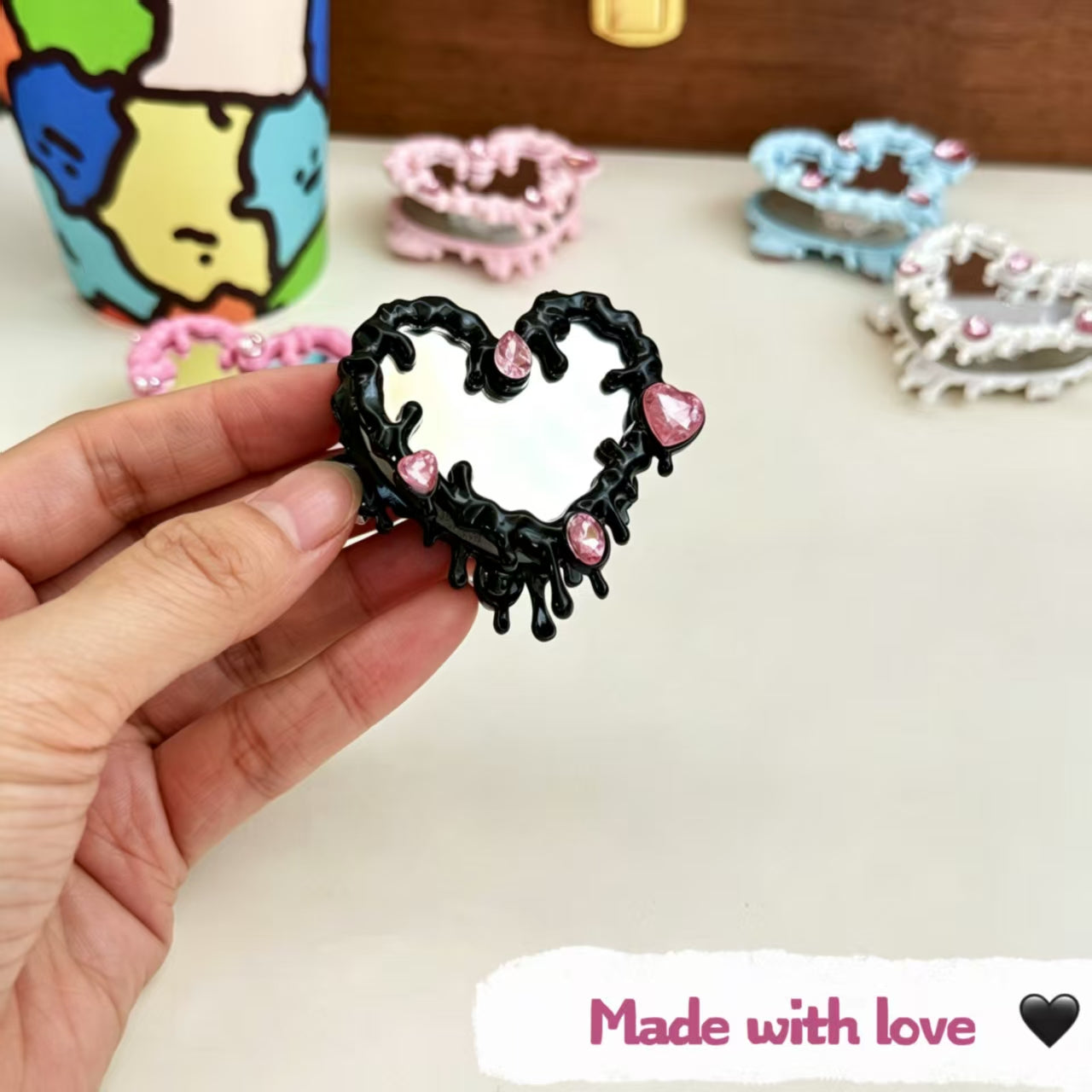 Bling Rhinestone Heart Mirror Beads with Hole DIY Phone Strap Keychain Bag Charm Jewelry Accessories (2pcs)