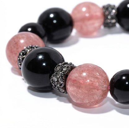 Strawberry Quartz & Silver Obsidian Crystal Black Butterfly Bracelet