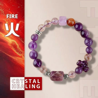 Amethyst beaded bracelet with a red and beige background, featuring text and graphics.
