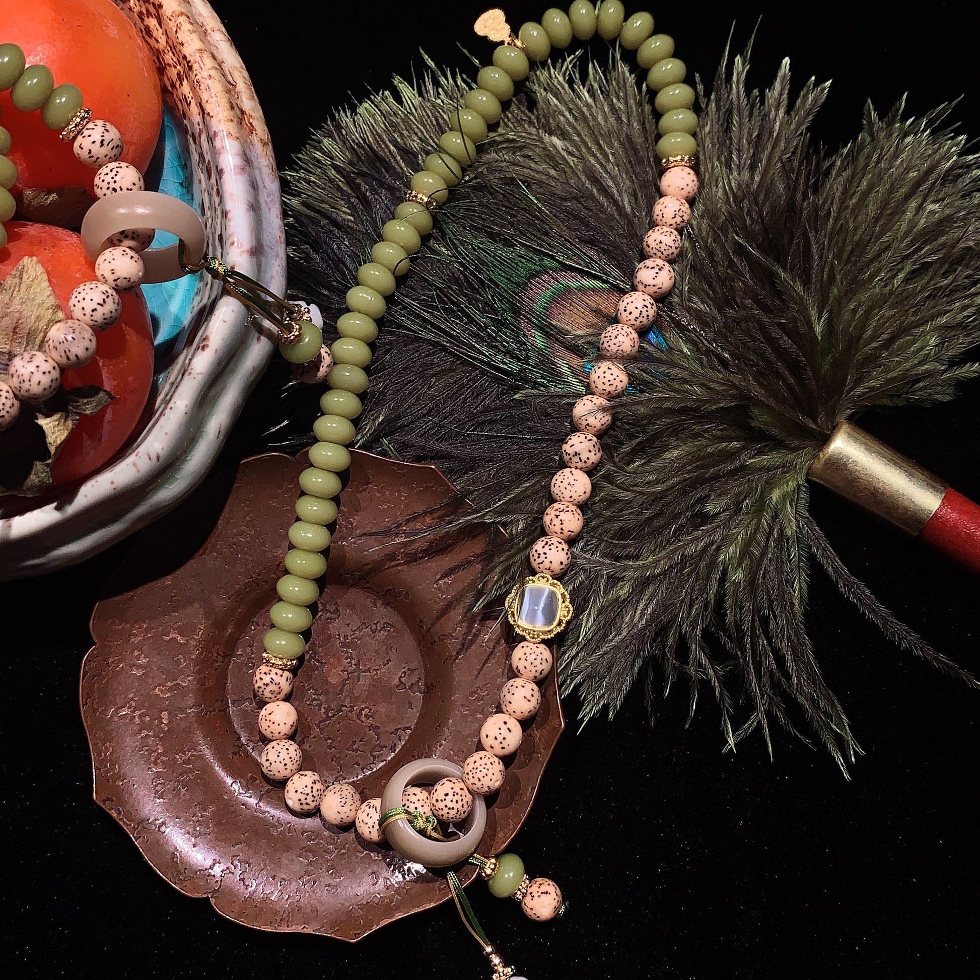 Green Dual-Layer Natural Stone Bracelet Tassel Charm necklace