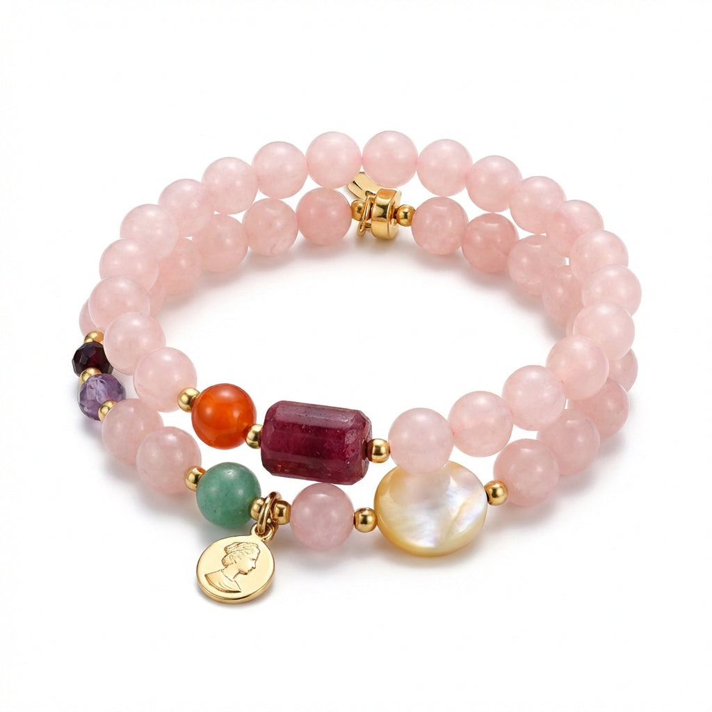 Rose Quartz & Strawberry Crystal Double-Layer Bracelet