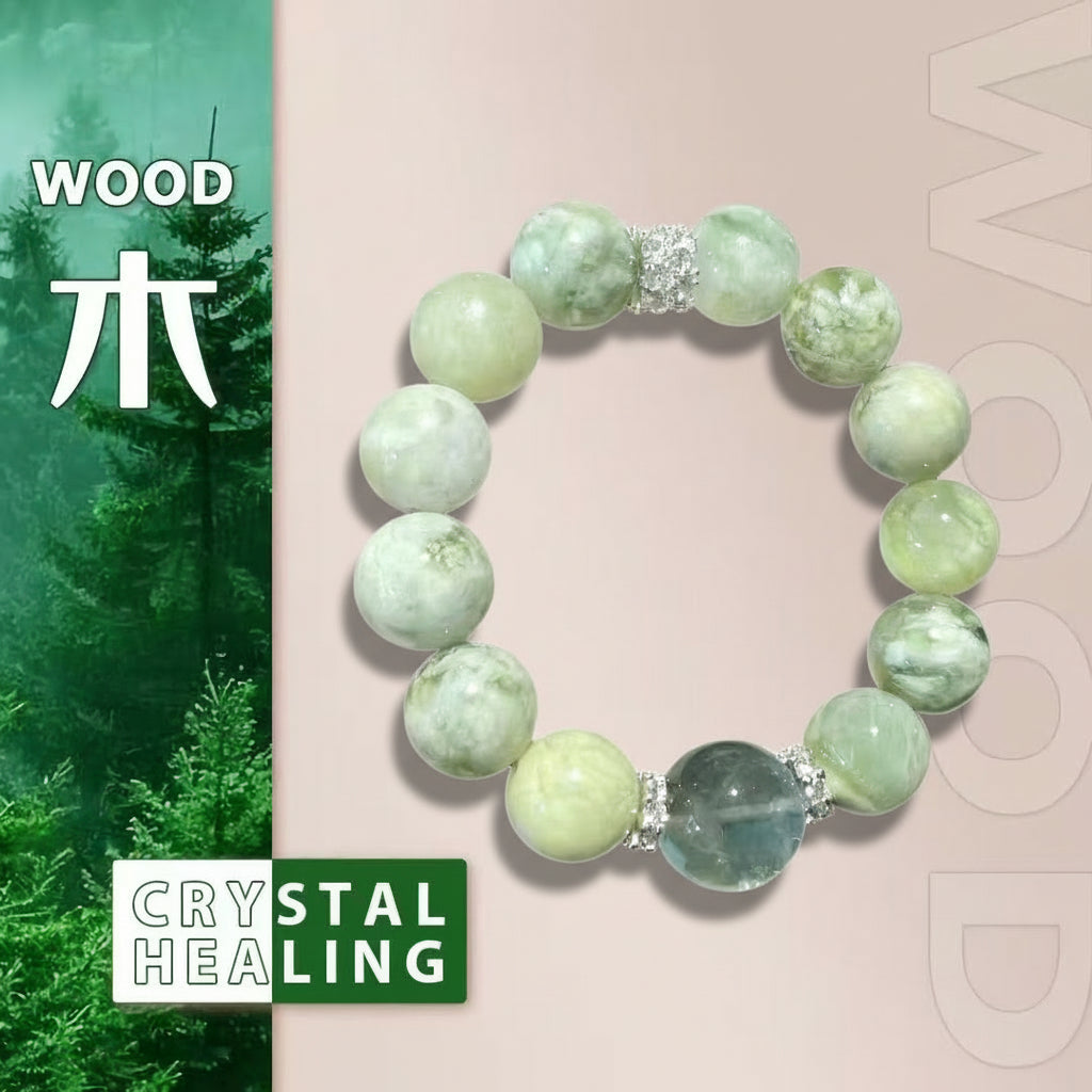 Beaded bracelet with green stones on a pink background, next to text and nature imagery.