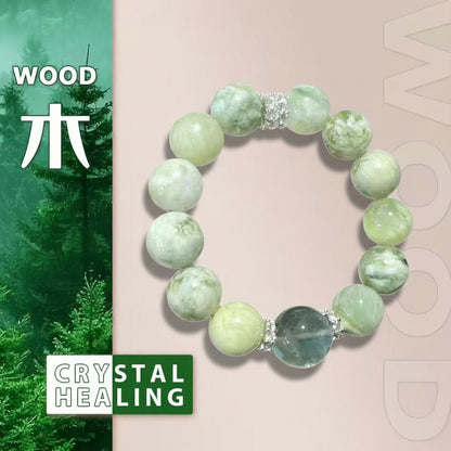 Beaded bracelet with green stones on a pink background, next to text and nature imagery.