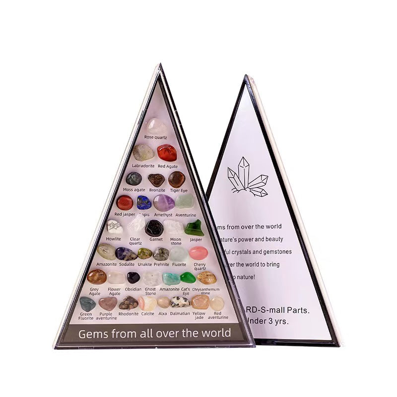 36 Natural Crystal Gemstones Pyramid Display Box Stone Educational Gift Set