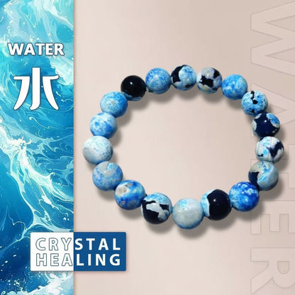 Blue and black beaded bracelet with water-themed design on a beige background