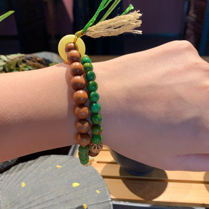 Green Dual-Layer Natural Stone Bracelet Tassel Charm wood beads