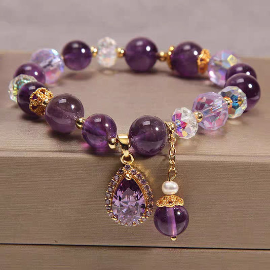 Natural Amethyst Teardrop Crystal Bracelet - Elegant Purple Gemstone Charm - Mori Style Handmade Jewelry, Romantic Gift for Her