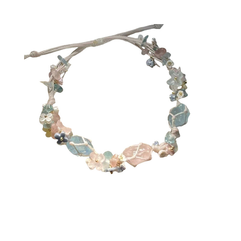 Crystal Net Pouch Handwoven Cord Bracelet (Sweet Floral Charm)