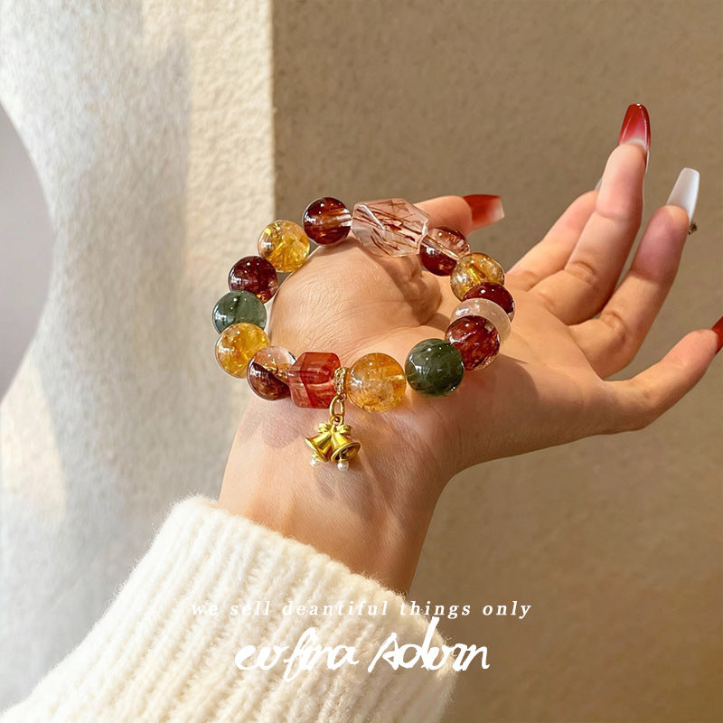Natural Multi-Color Crystal Bracelet with Golden Bell Charm - Wealth & Good Luck Talisman - Mixed Gemstone Energy Beads for Women