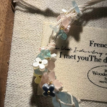 Crystal Net Pouch Handwoven Cord Bracelet (Sweet Floral Charm)