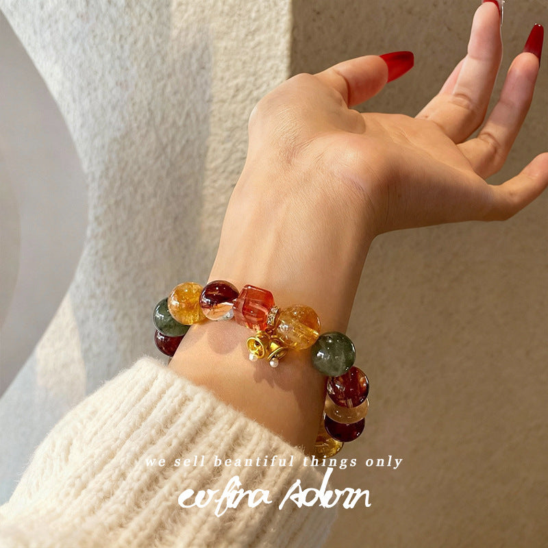 Natural Multi-Color Crystal Bracelet with Golden Bell Charm - Wealth & Good Luck Talisman - Mixed Gemstone Energy Beads for Women