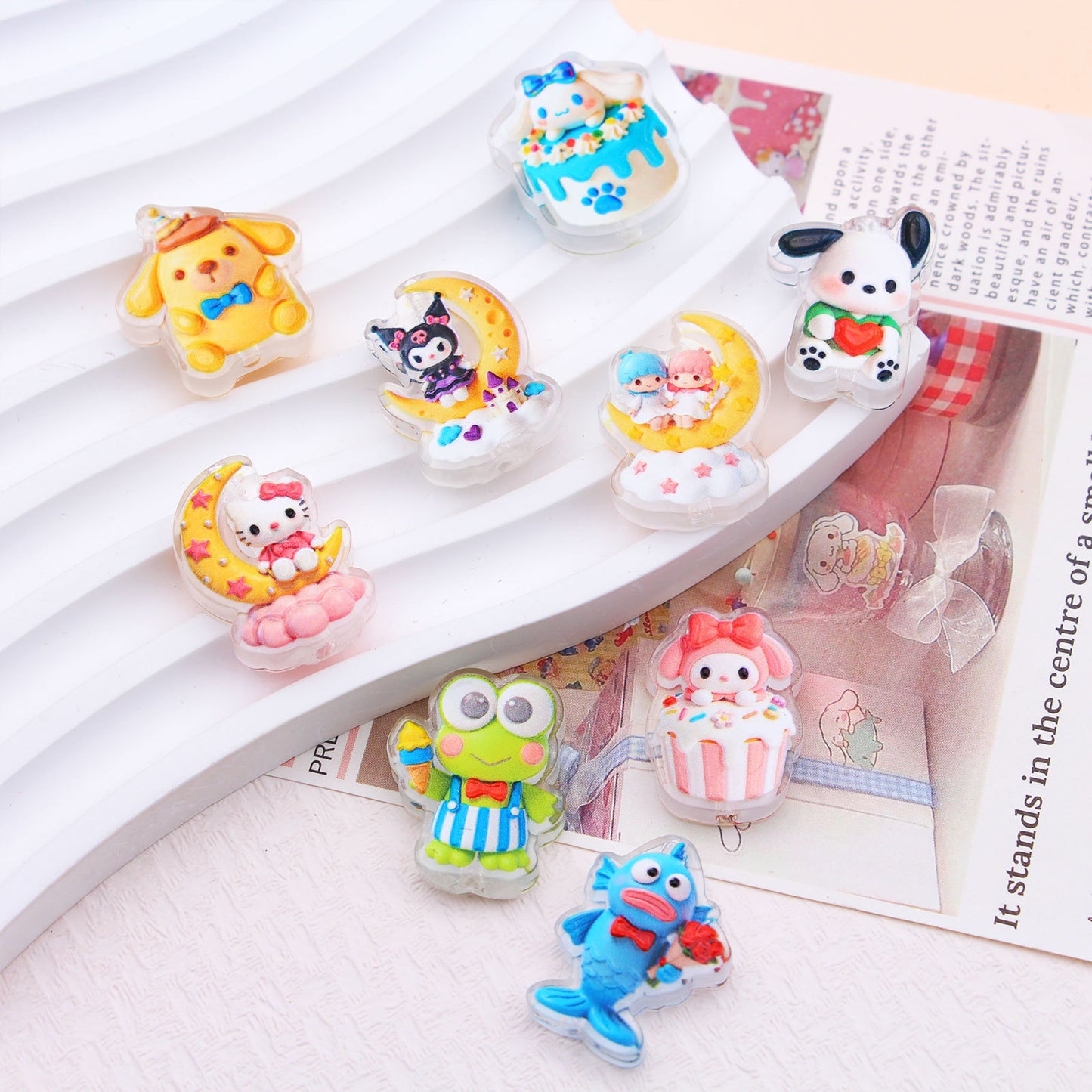 Cute Acrylic Embossed Printed Charms – Cute Cartoon Beads with Hole for DIY Jewelry & Accessories (10pcs)
