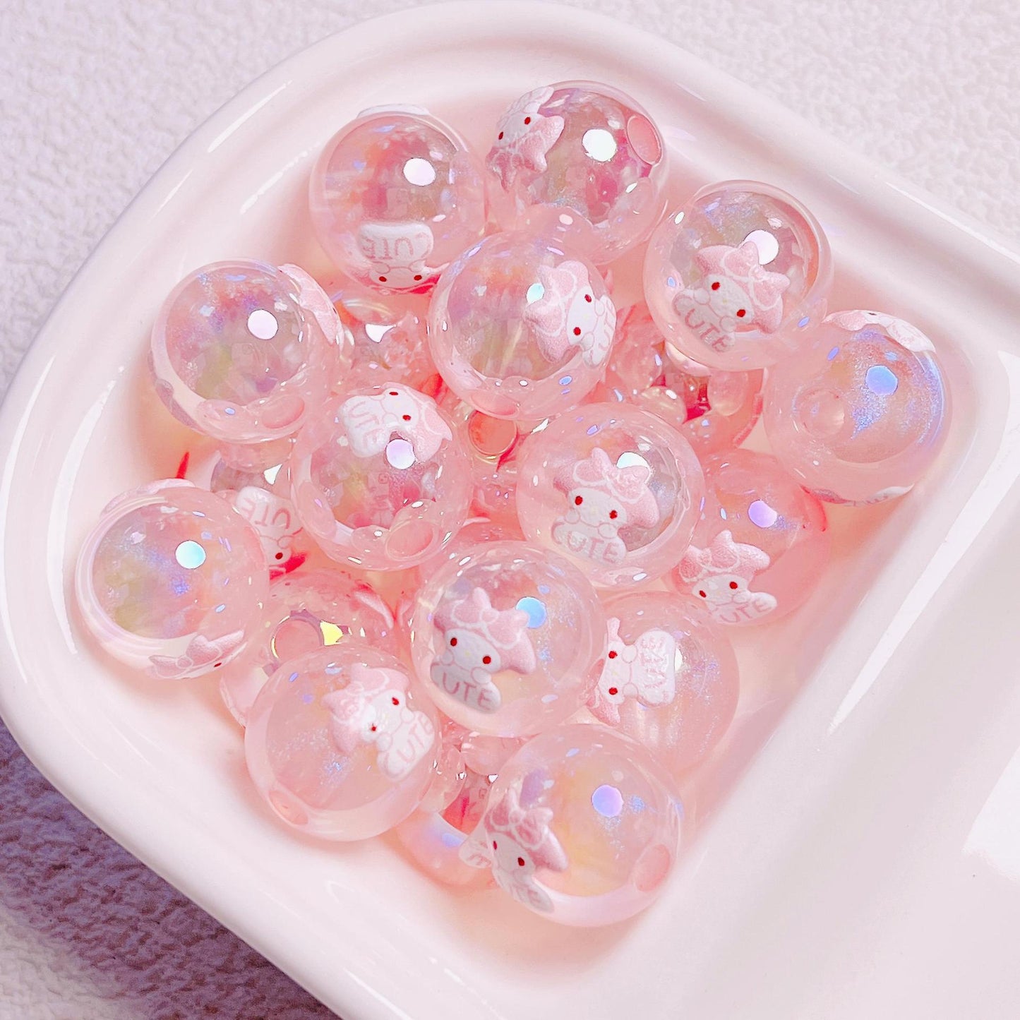 Cartoon Shimmer 3D Printed Sanrio Round Beads | Straight Hole Loose Beads | DIY Phone Charm Bracelet Materials Jewelry Findings