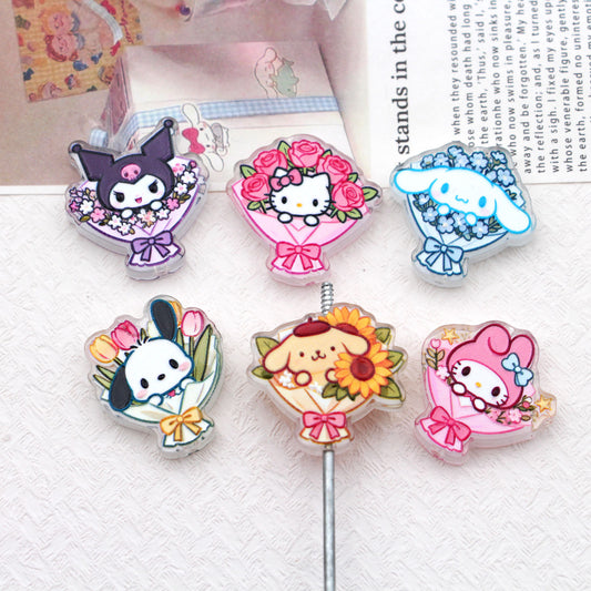 Premium Acrylic Embossed Bouquet Charms – Sanrio-Inspired Beads with Hole for DIY Pens, Phone Charms & Jewelry Making （10pcs)