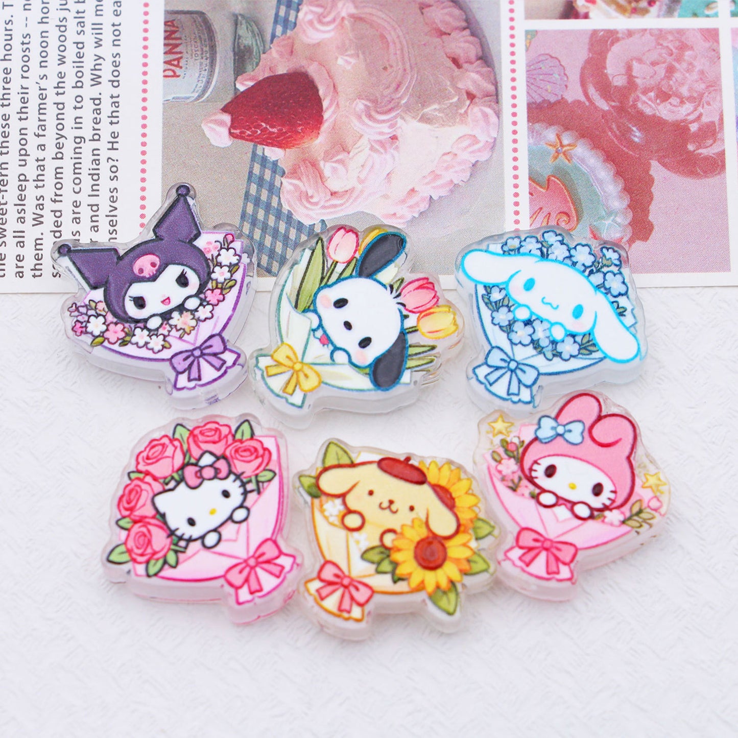 Premium Acrylic Embossed Bouquet Charms – Sanrio-Inspired Beads with Hole for DIY Pens, Phone Charms & Jewelry Making （10pcs)