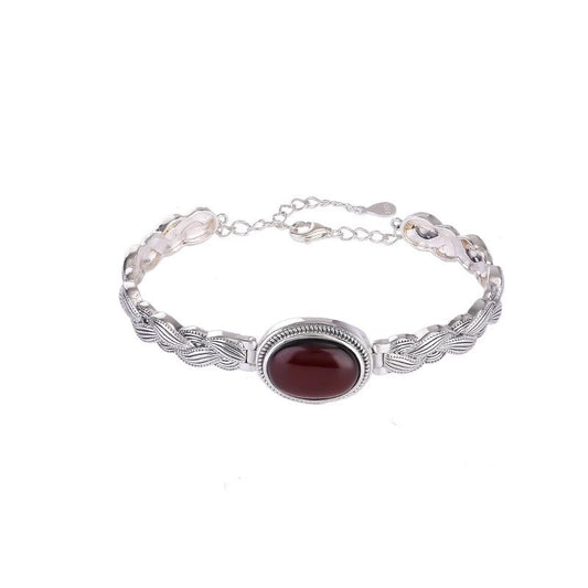 Antique Thai Silver Braided Twist Bracelet - Elegant Blood Amber Oval Cabochon, Vintage Ethnic Style Jewelry for Sophisticated Women