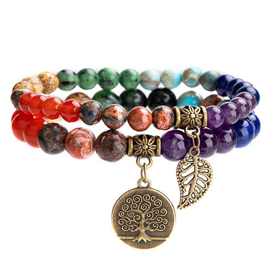 Rainbow Gemstone Bracelet Set — Tree of Life Charm