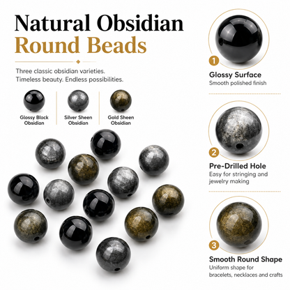 Natural Obsidian Beads: Golden, Silver & Black Sheen | DIY Accent Beads