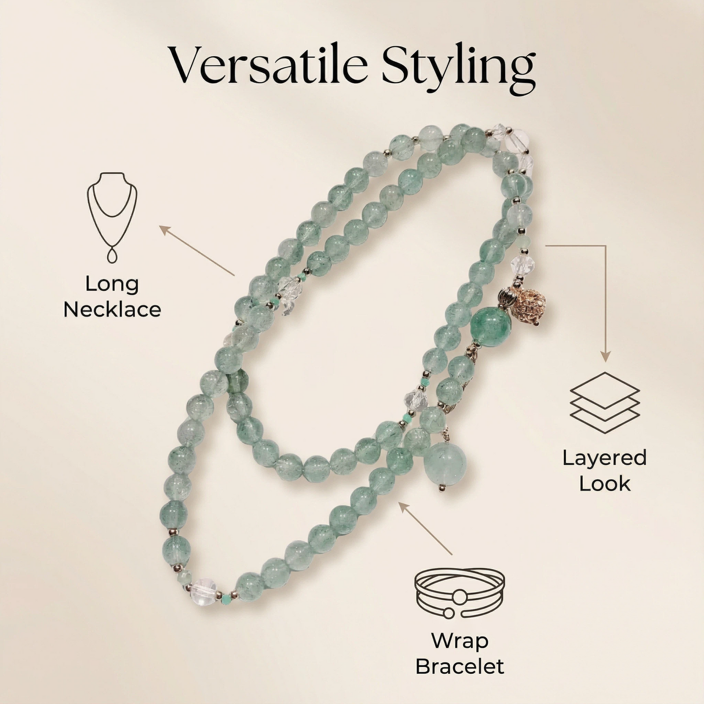 Green Strawberry Quartz Triple-Wrap Bracelet & Necklace