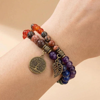 Rainbow Gemstone Bracelet Set — Tree of Life Charm